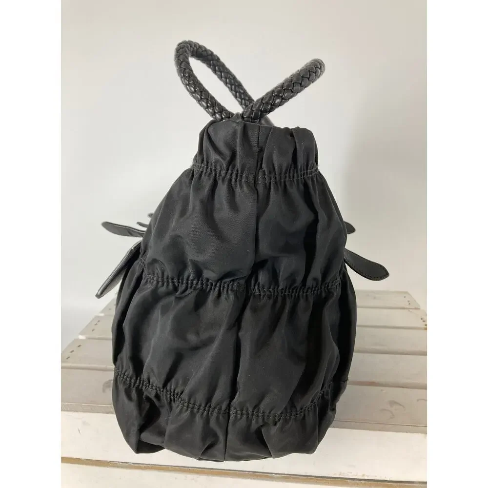 PRADA LARGE BLACK NYLON HANDBAG WITH BRAIDED LEATHER HANDLES - Picture 6 of 16